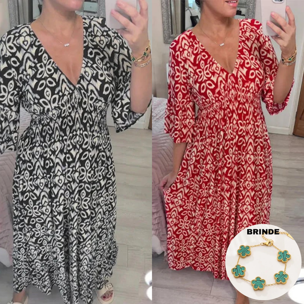 Vestido Estampado com Decote V Layla + Brinde Pulseira